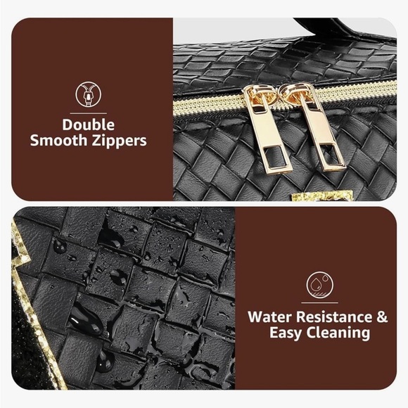 New!Black Woven Travel Toiletry Bag with Gold X Guitar Crossbody Strap - Picture 5 of 7